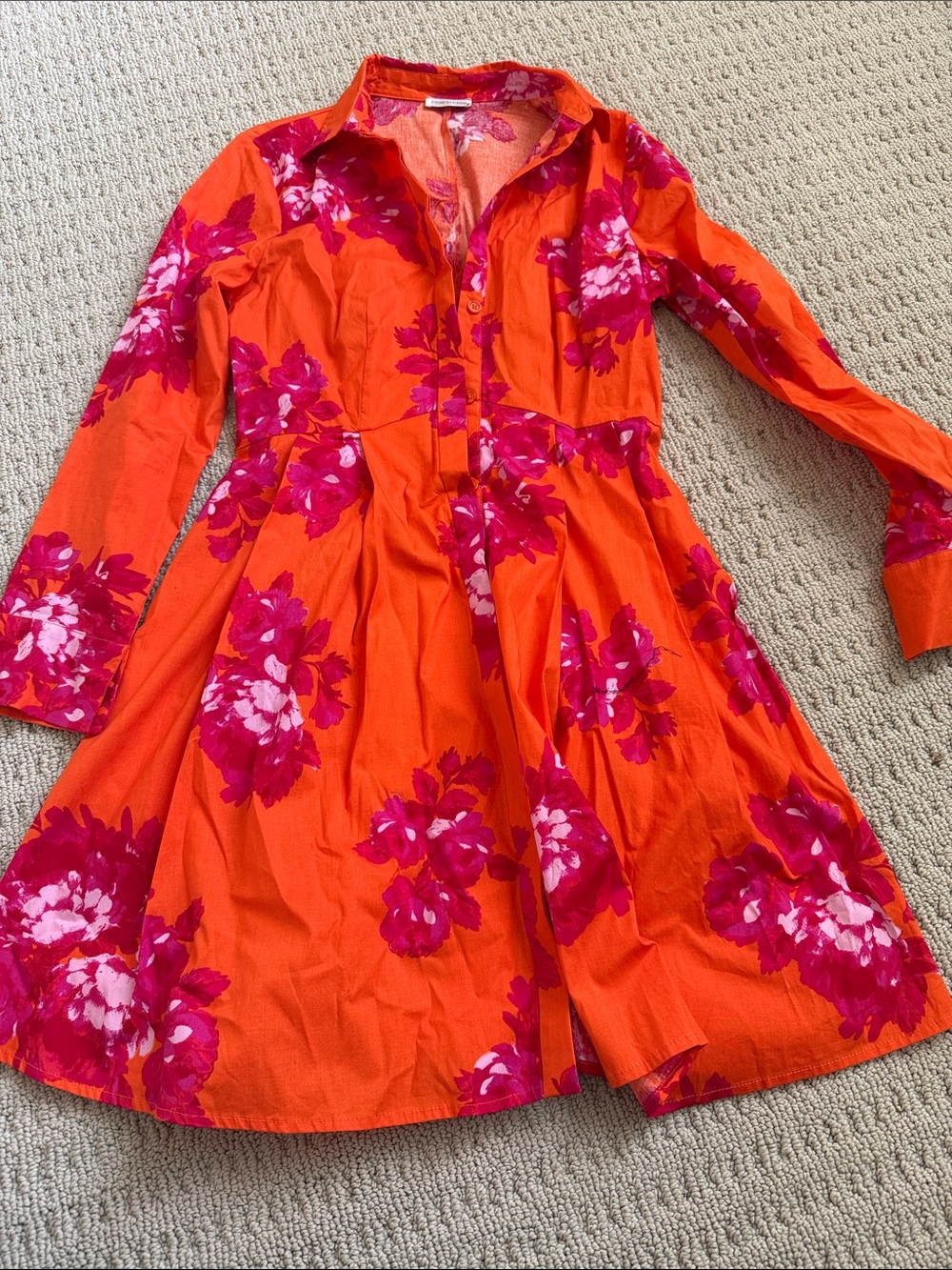 Bright Orange Floral Long-Sleeve Shirt Dress - Pink Blossom Print